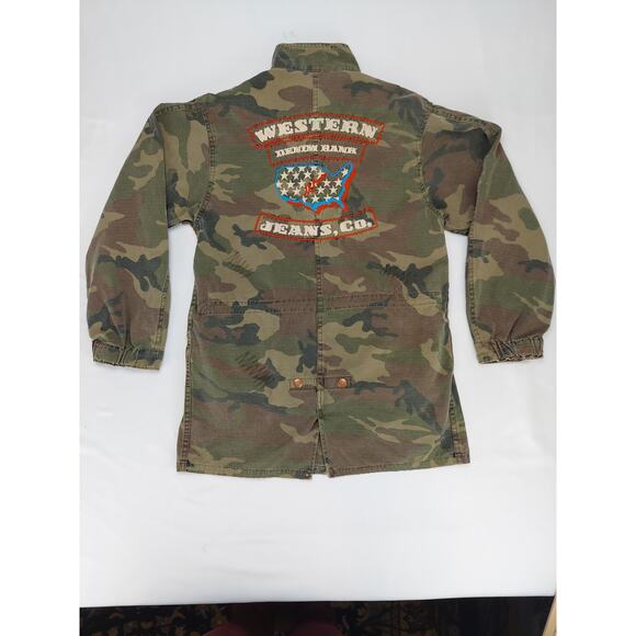 Western Denim Bank Jeans Co Jacket Green Camo Military Embroidered Studded Med - Picture 1 of 15